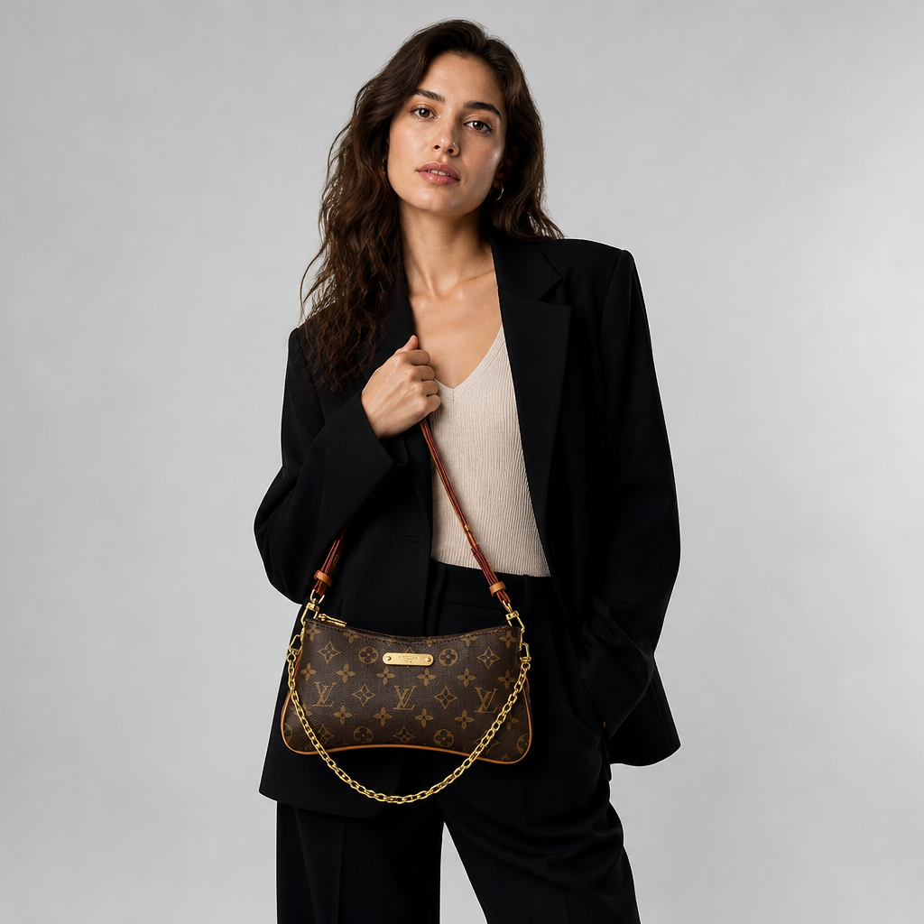 Brown monogram — studio model photo.