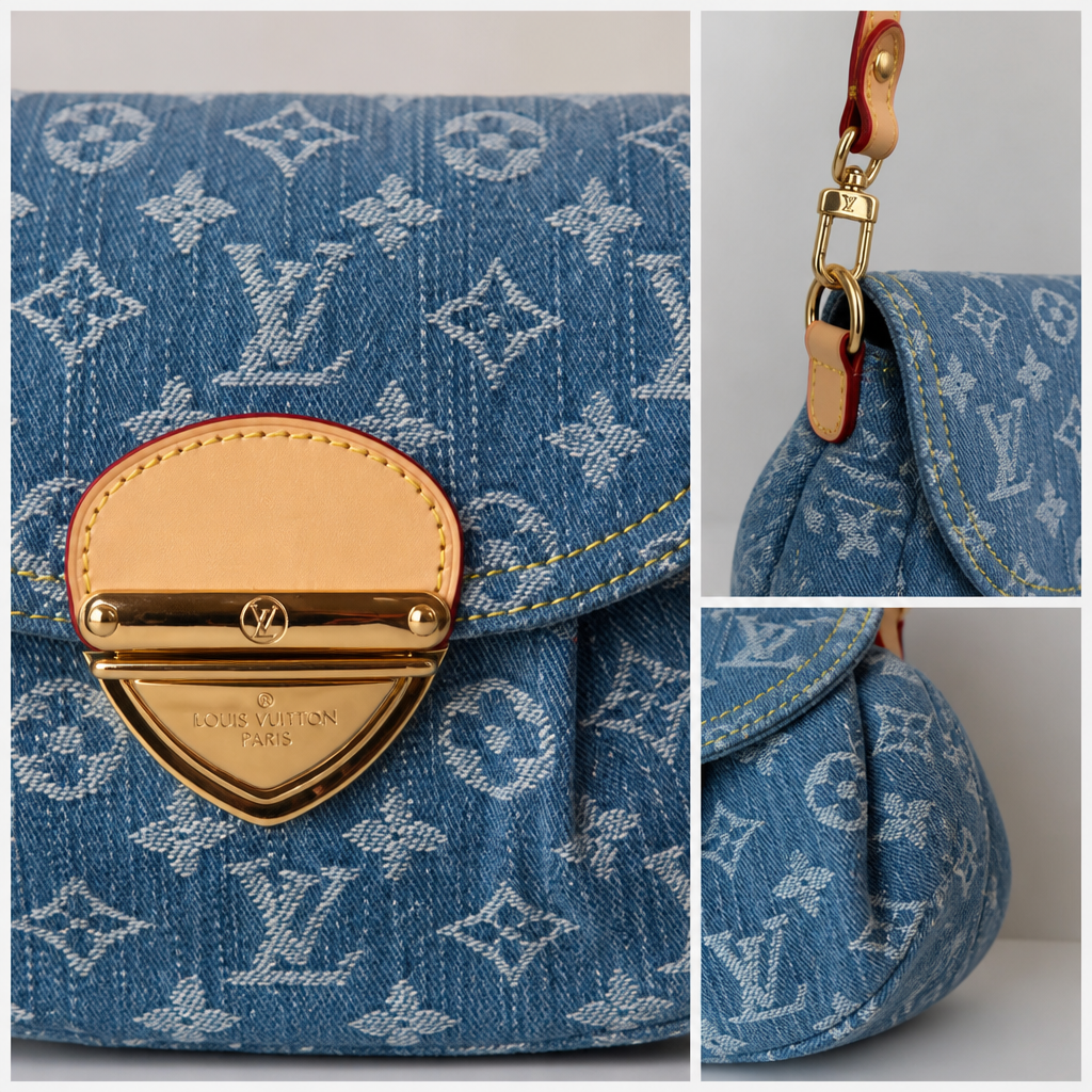 Light blue monogram denim — close-up details of material, pattern and hardware.
