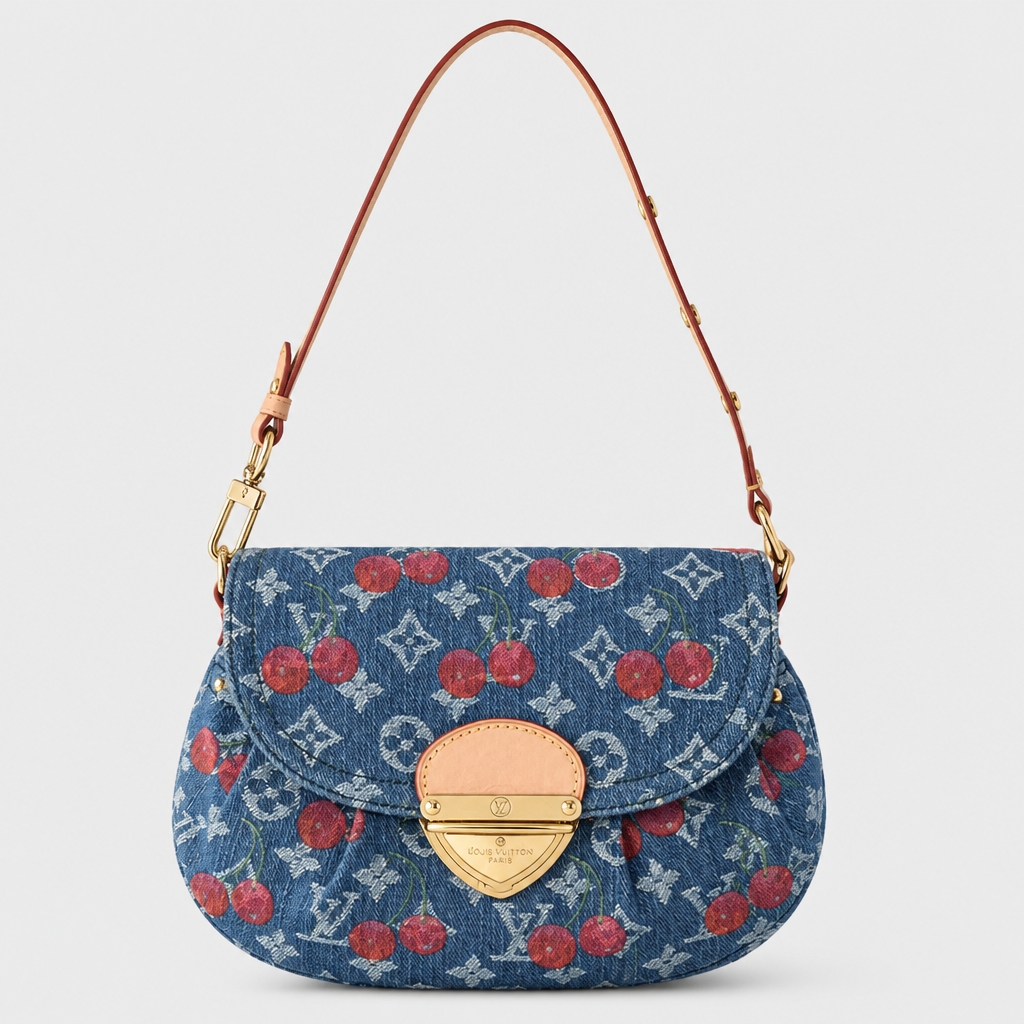 Blue denim with red floral print — front view.