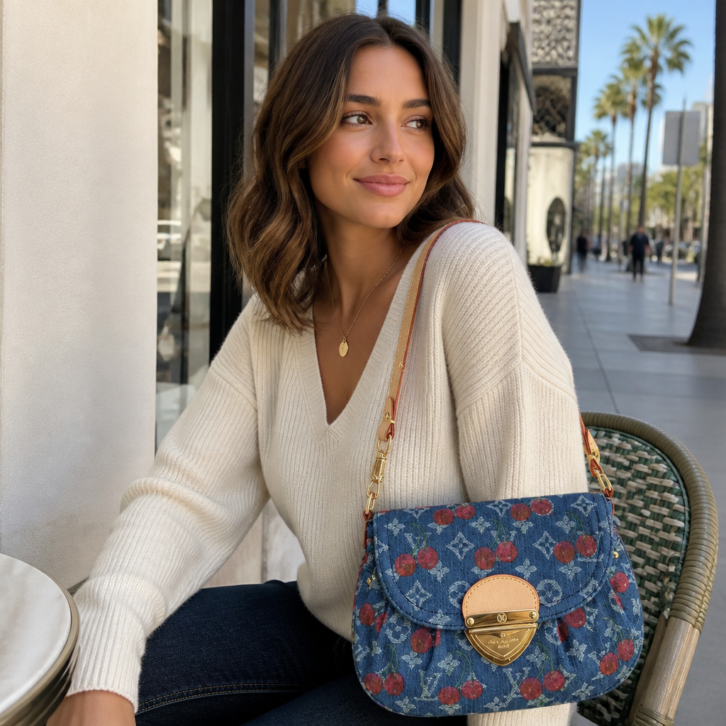 Blue denim with red floral print — lifestyle photo in Los Angeles.