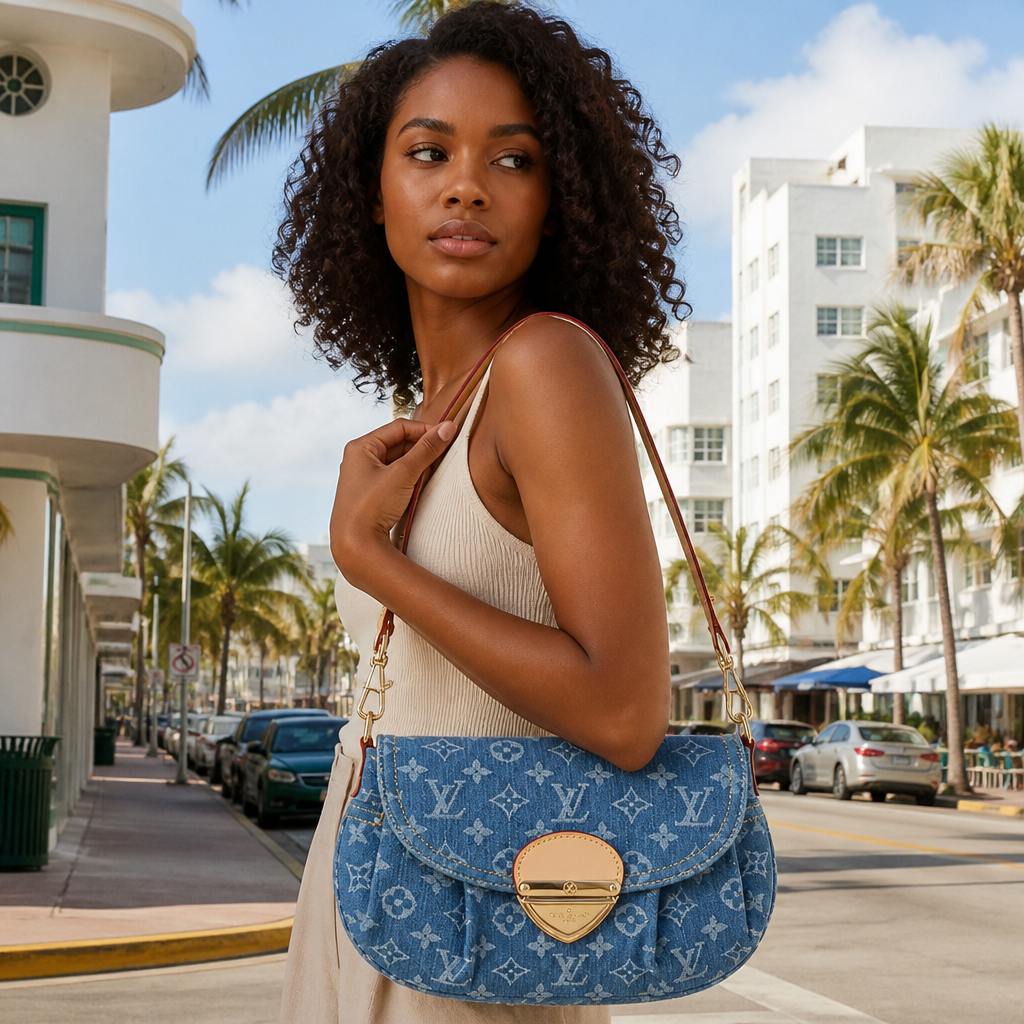Light blue monogram denim — lifestyle photo in Miami.