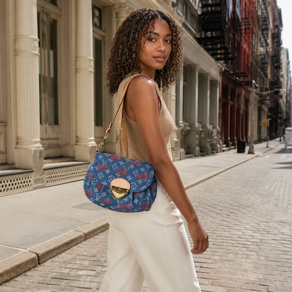 Blue denim with red floral print — lifestyle photo in New York City.