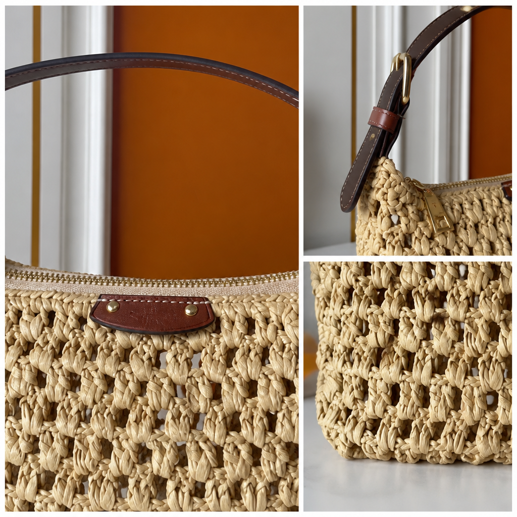 Natural woven beige, dark brown trim — close-up details of material, pattern and hardware.