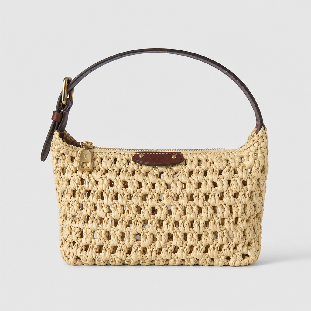 Natural woven beige, dark brown trim — front view.