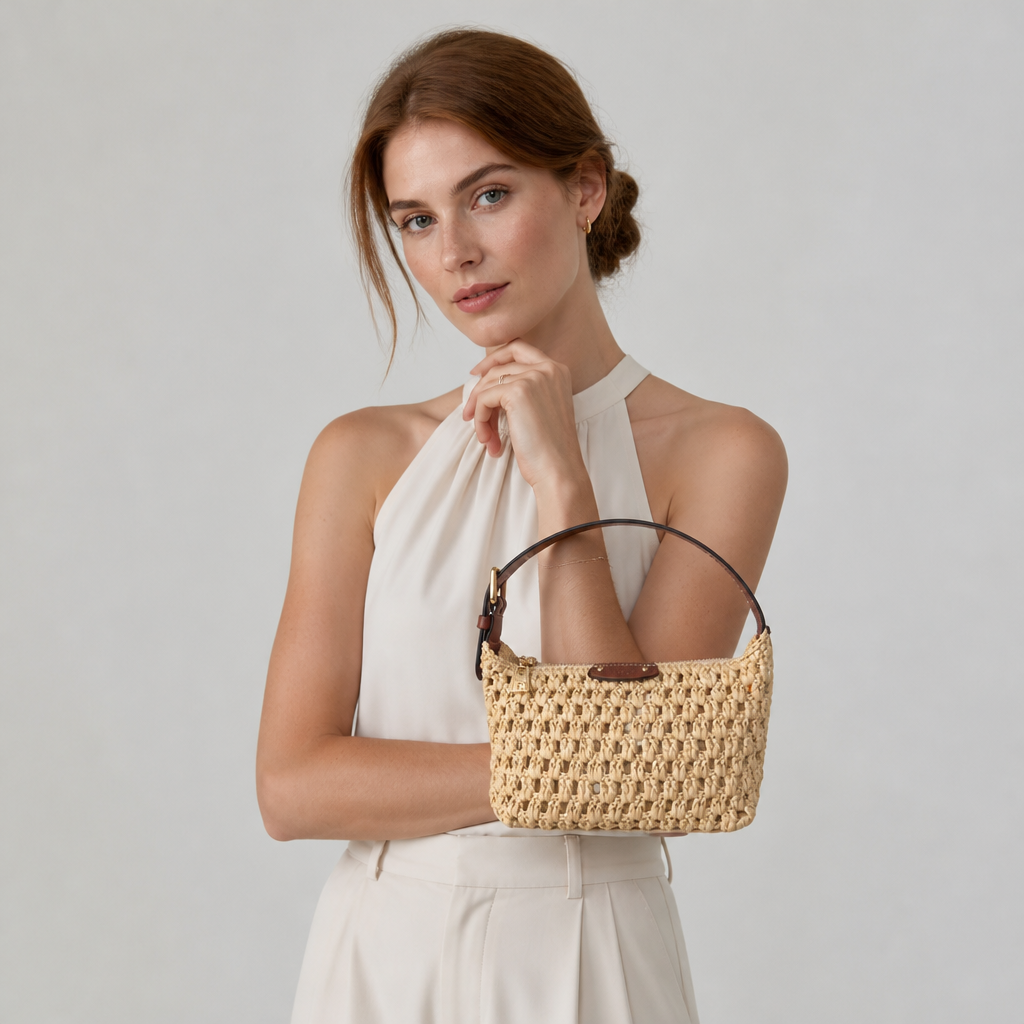 Natural woven beige, dark brown trim — studio model photo.
