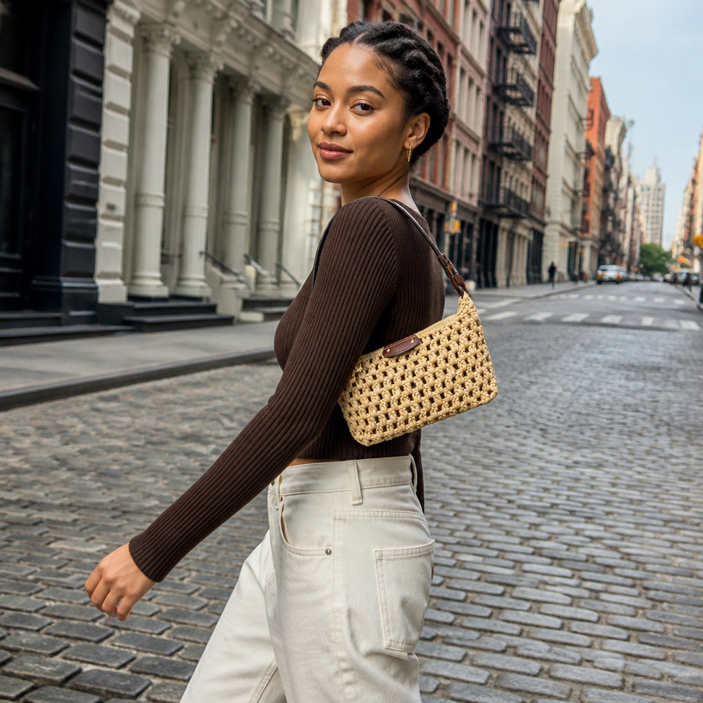 Natural woven beige, dark brown trim — lifestyle photo in New York City.