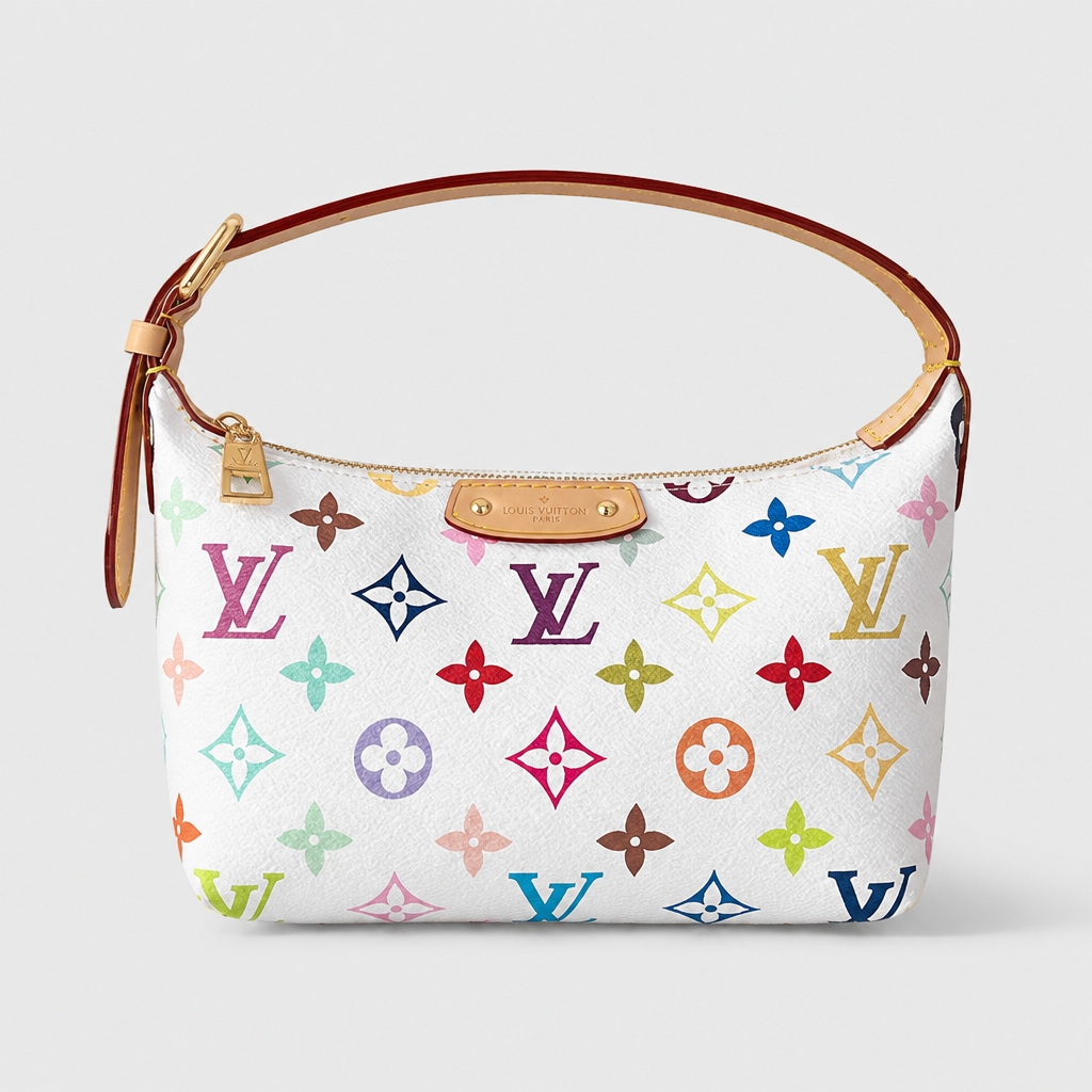 White multicolor monogram — front view.