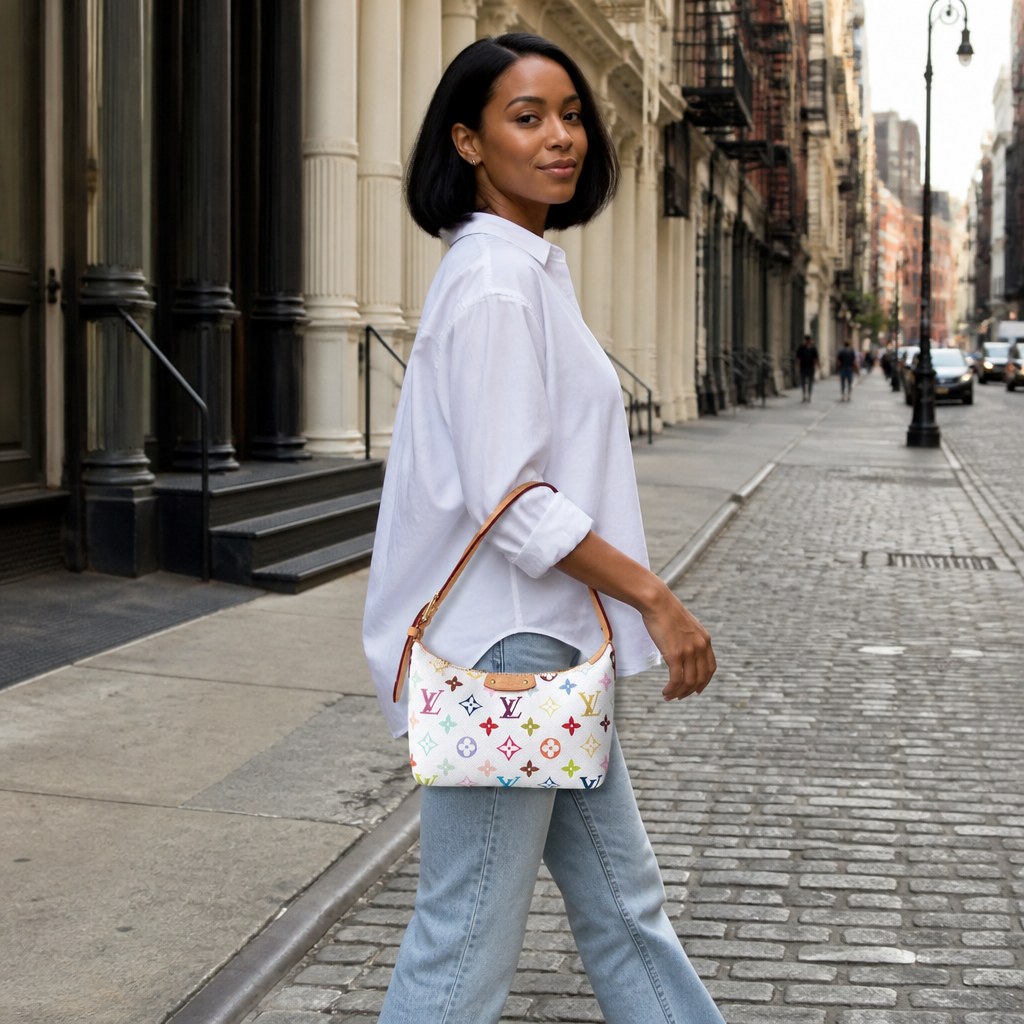 White multicolor monogram — lifestyle photo in New York City.