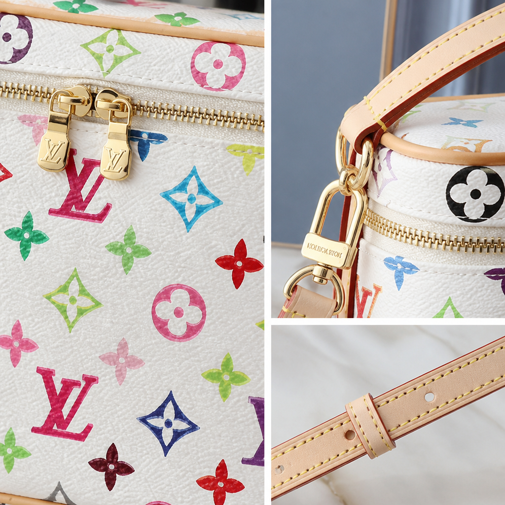 White multicolor monogram, pale trim — 9.4 × 5.5 × 2.8 in — close-up details of material, pattern and hardware.