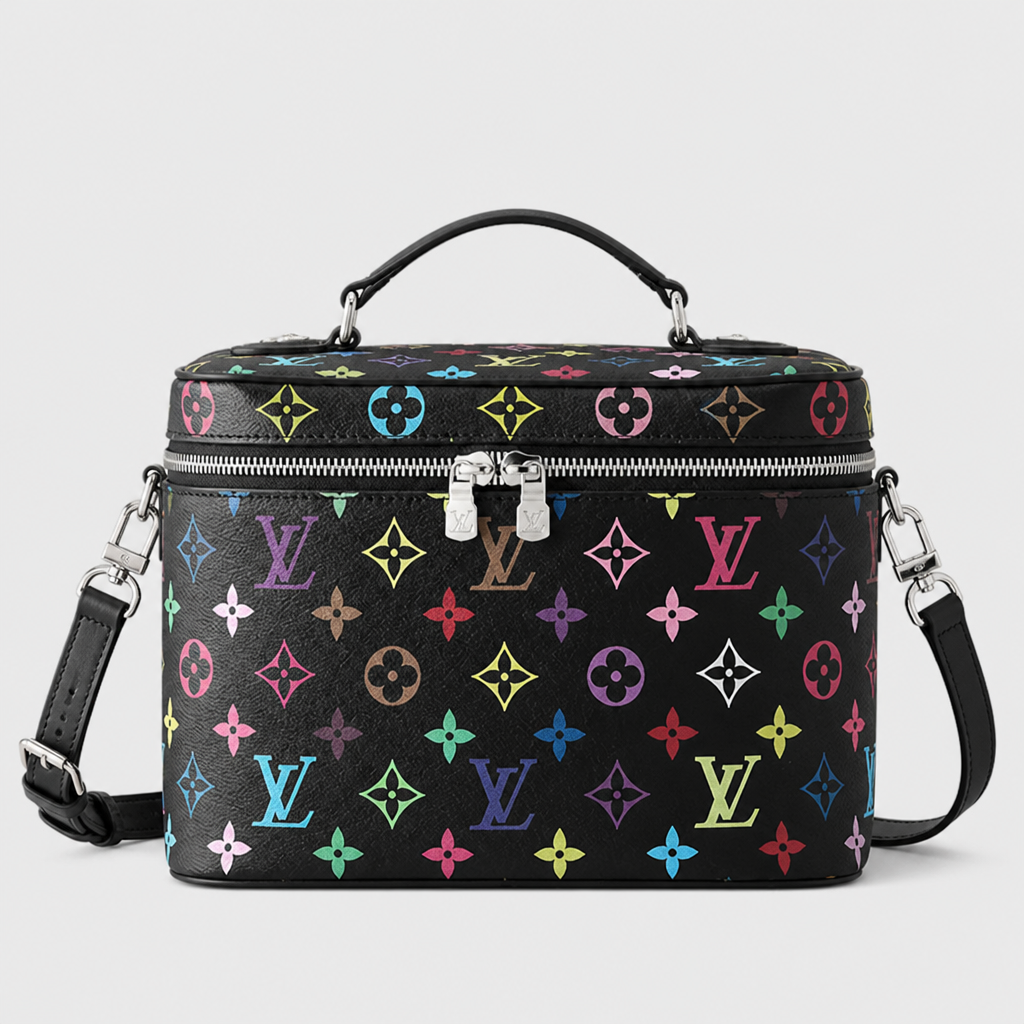 Black multicolor monogram — 9.4 × 5.5 × 6.7 in — front view.
