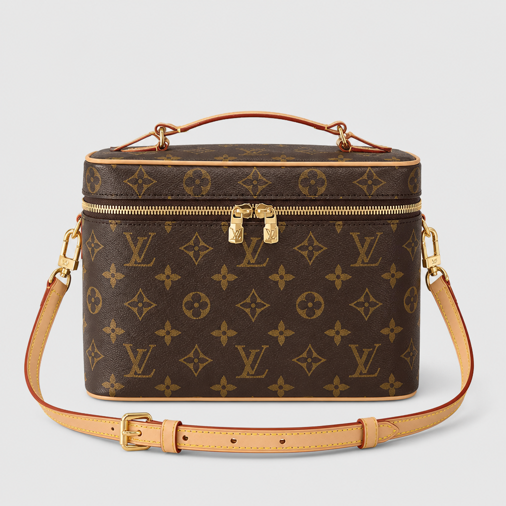 Brown monogram, tan trim — 9.4 × 5.5 × 6.7 in — front view.