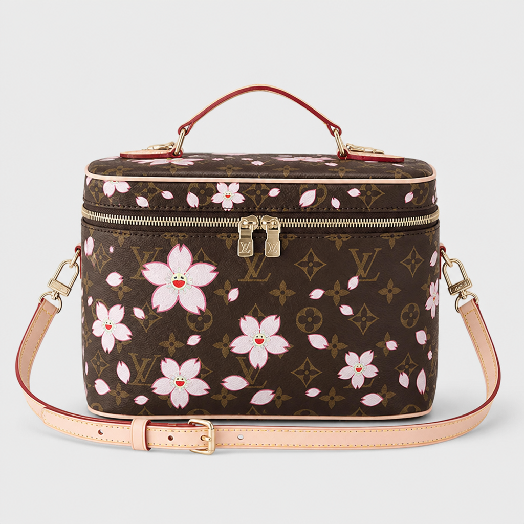 Brown monogram, pink blossoms — 9.4 × 5.5 × 6.7 in — front view.