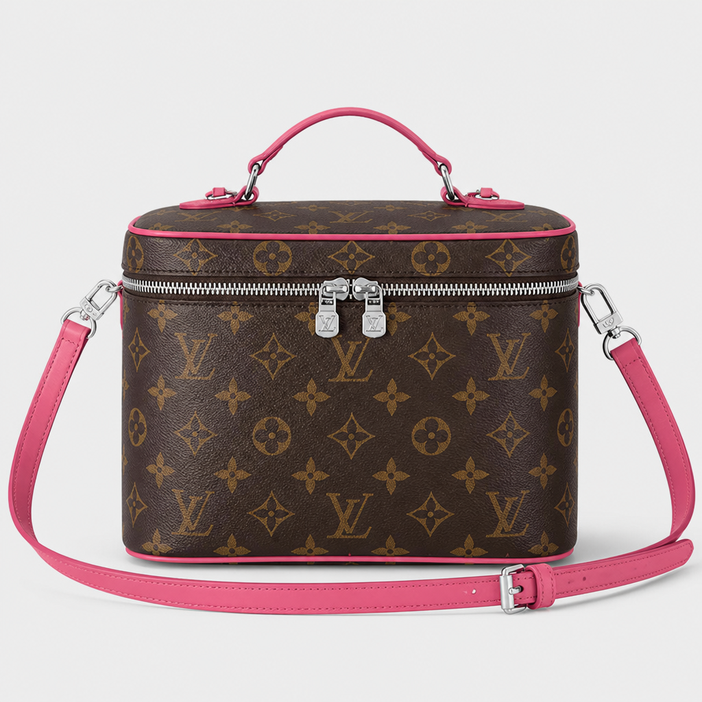 Brown monogram, pink trim — 9.4 × 5.5 × 6.7 in — front view.