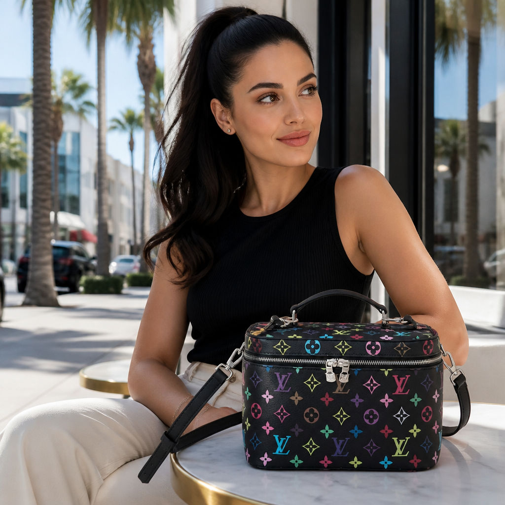 Black multicolor monogram — 9.4 × 5.5 × 6.7 in — lifestyle photo in Los Angeles.