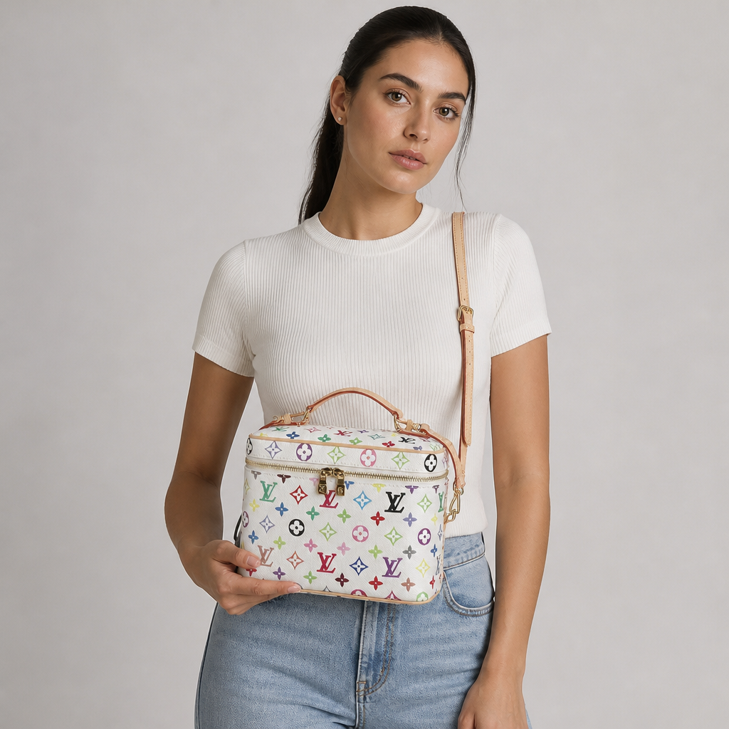White multicolor monogram, pale trim — 9.4 × 5.5 × 2.8 in — studio model photo.