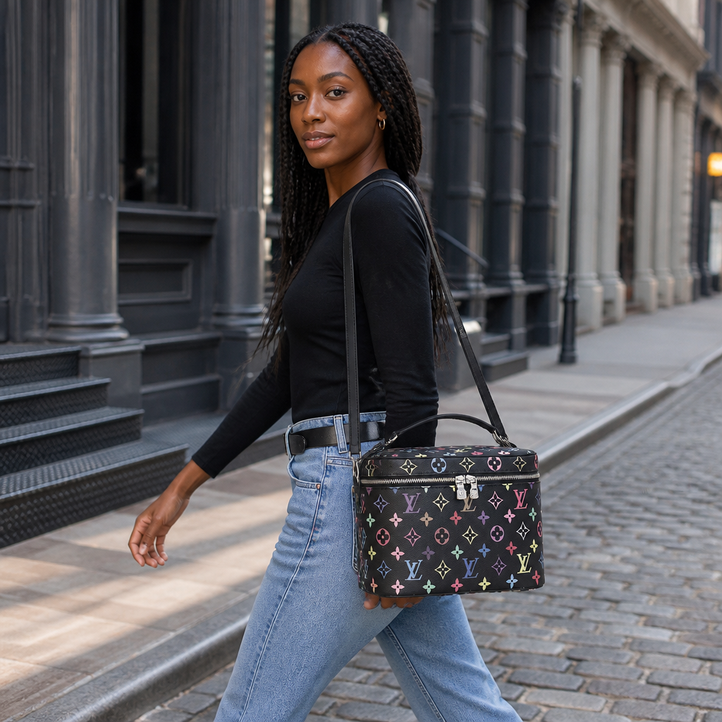Black multicolor monogram — 9.4 × 5.5 × 6.7 in — lifestyle photo in New York City.