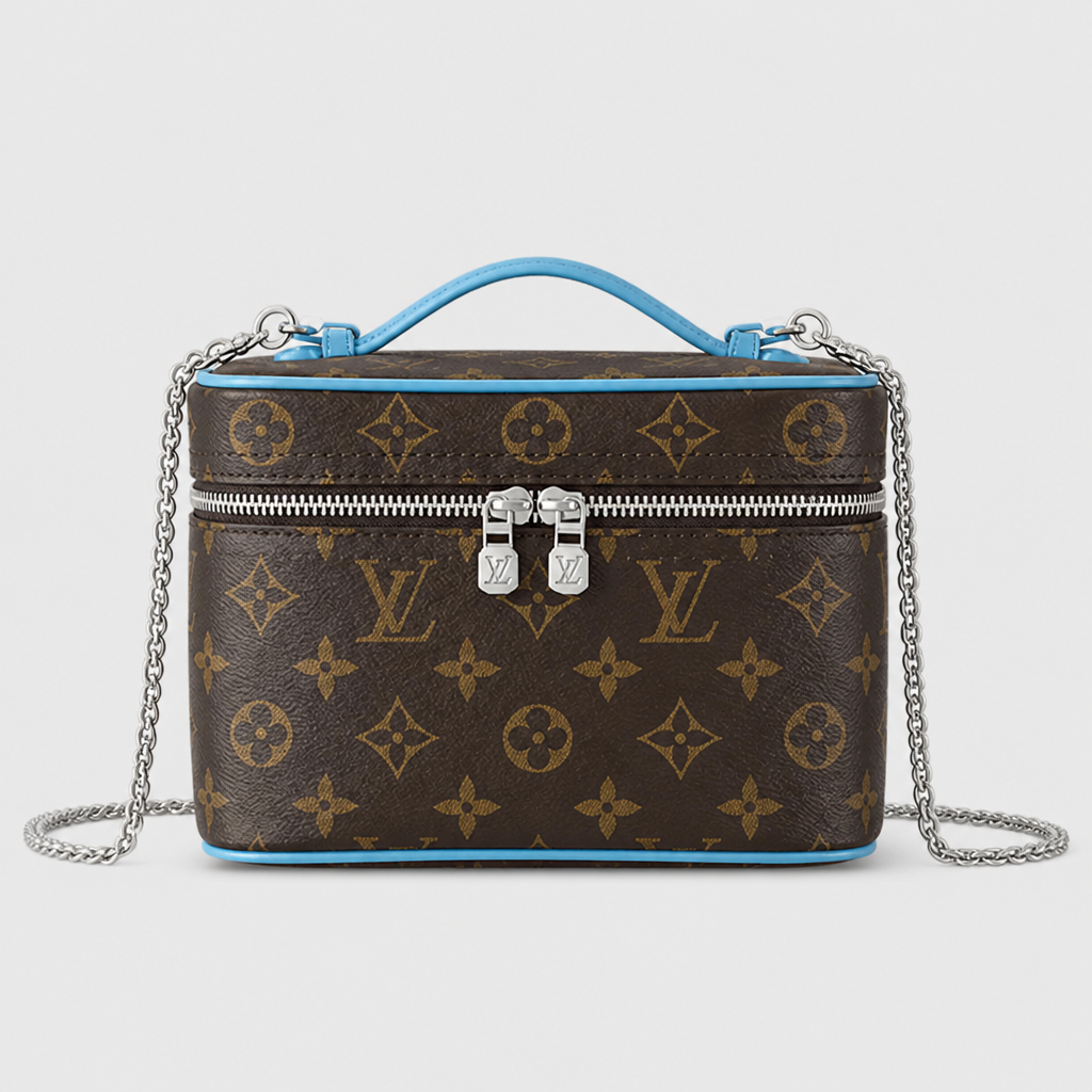 7.9 in Rounded — Brown Monogram, Bright Blue Trim — front view.