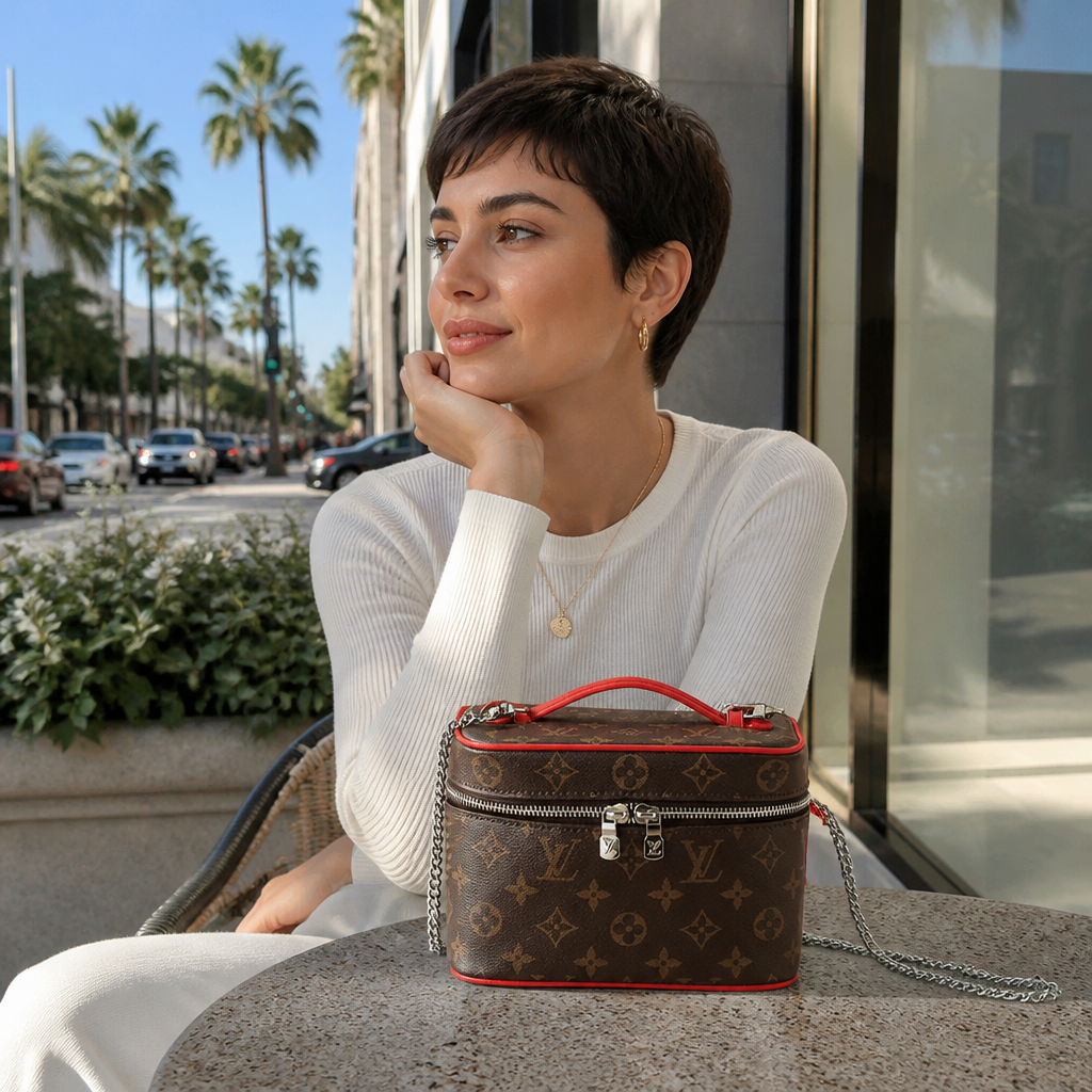 7.9 in Rounded — Brown Monogram, Red Trim — lifestyle photo in Los Angeles.