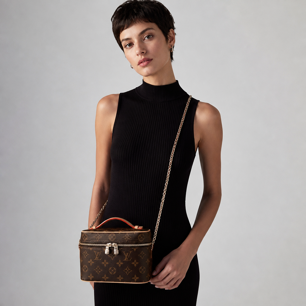 7.9 in Rounded — Brown Monogram, Orange-Red Trim — studio model photo.
