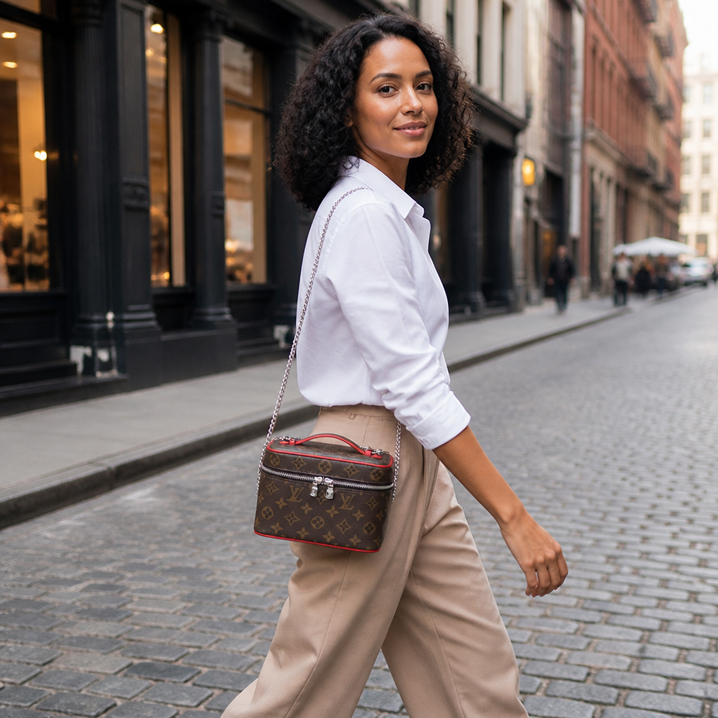 7.9 in Rounded — Brown Monogram, Red Trim — lifestyle photo in New York City.