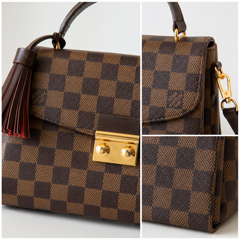 Dark brown checker — close-up details of material, pattern and hardware.