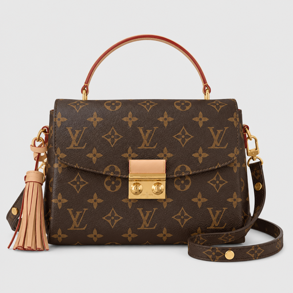 Brown monogram with tan trim — front view.