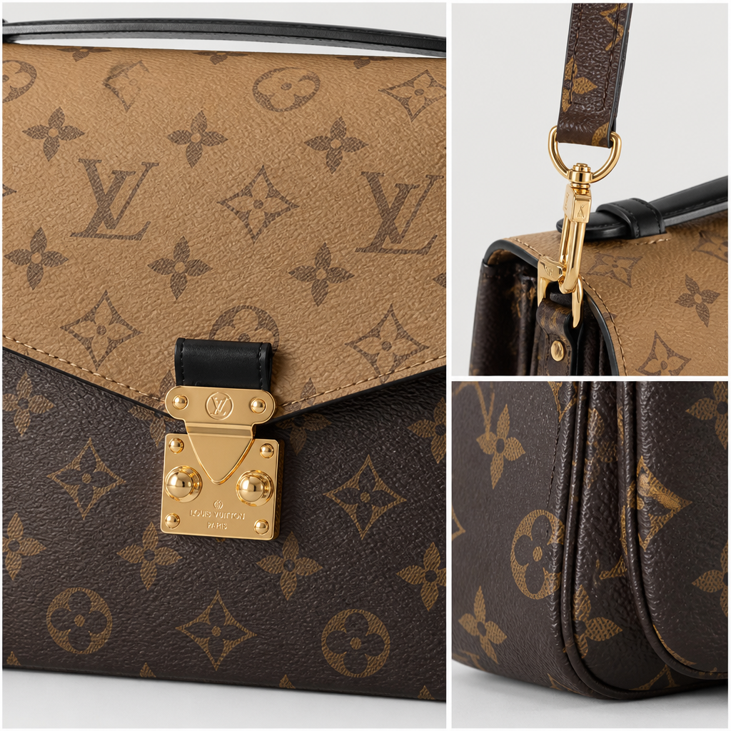 Tan/dark brown monogram, center clasp, 2.8 in depth — close-up details of material, pattern and hardware.