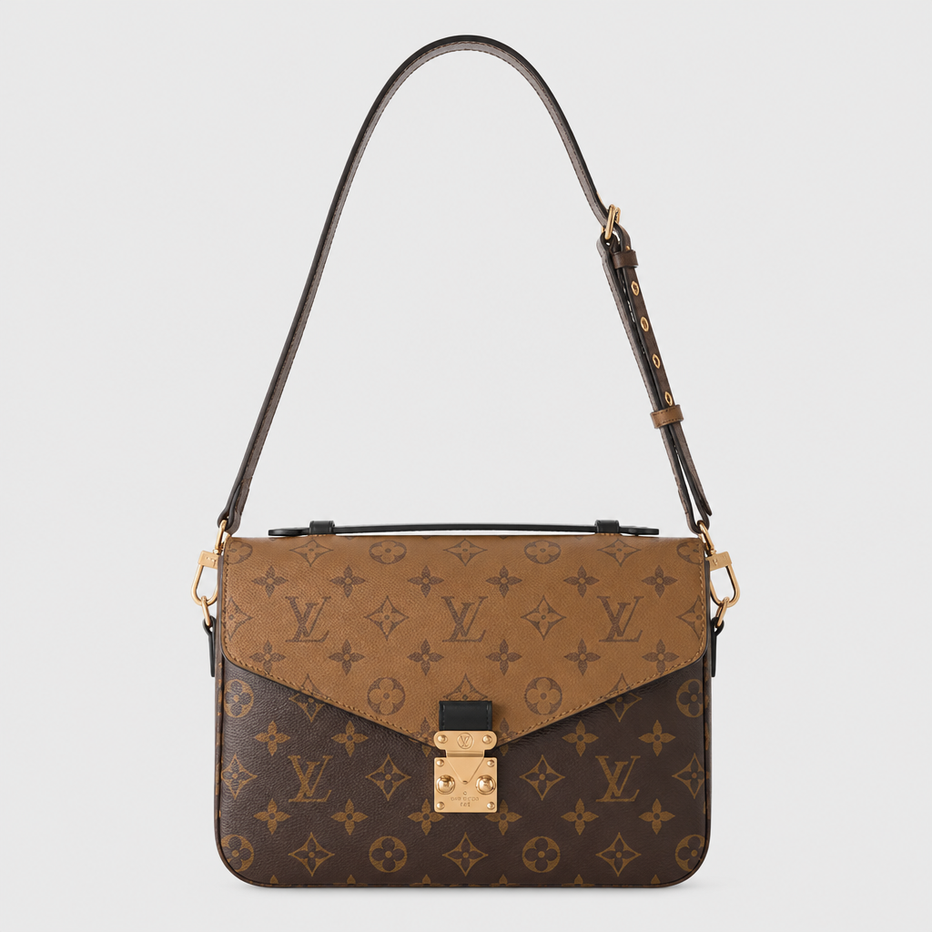 Tan/dark brown monogram, center clasp, 2.8 in depth — front view.