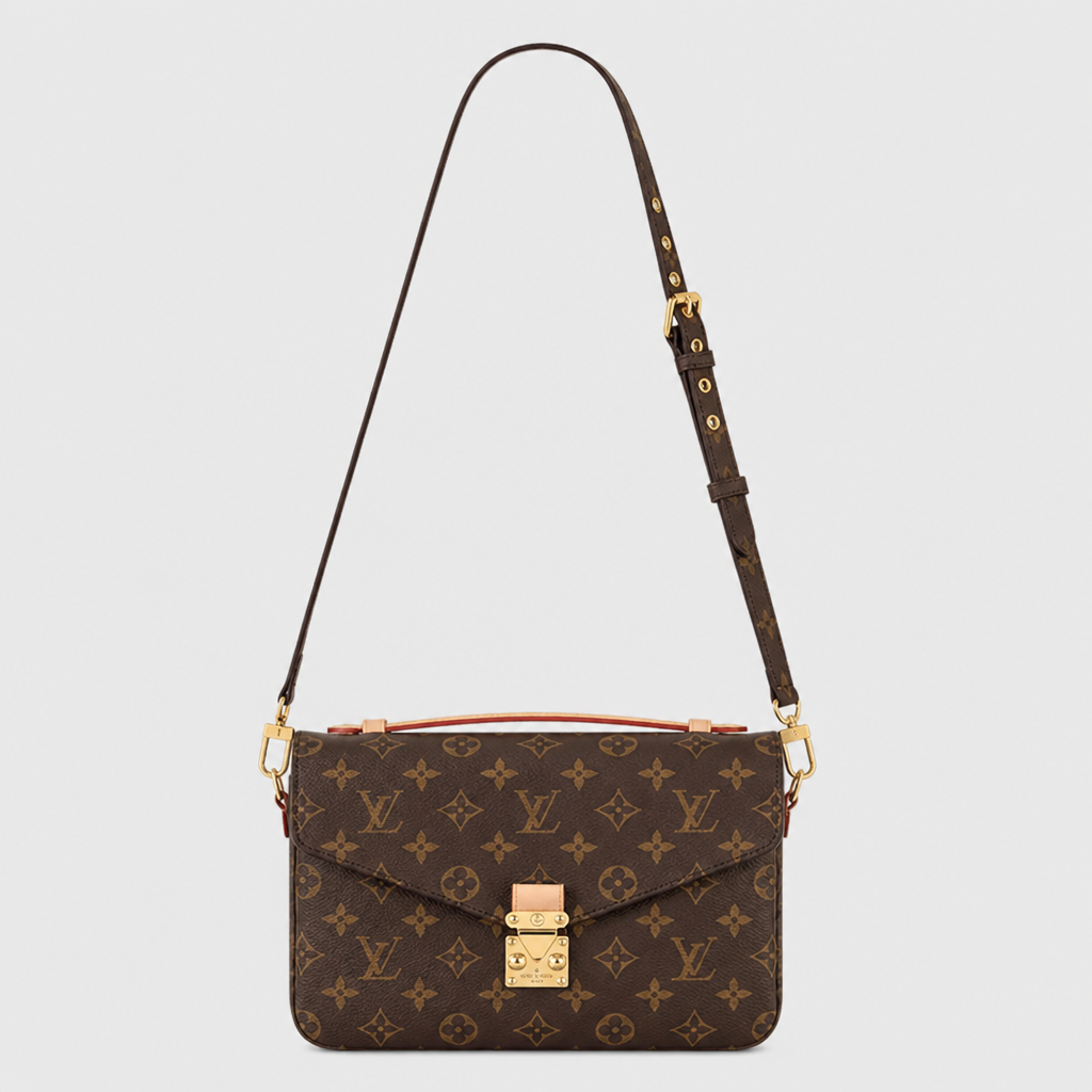 Brown monogram with red trim, center clasp, 2.8 in depth — front view.