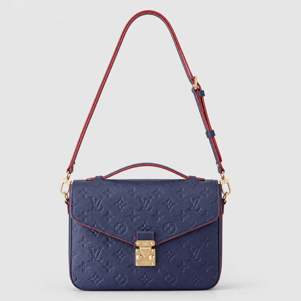 Navy embossed with red trim, turn-lock, 2.8 in depth — front view.