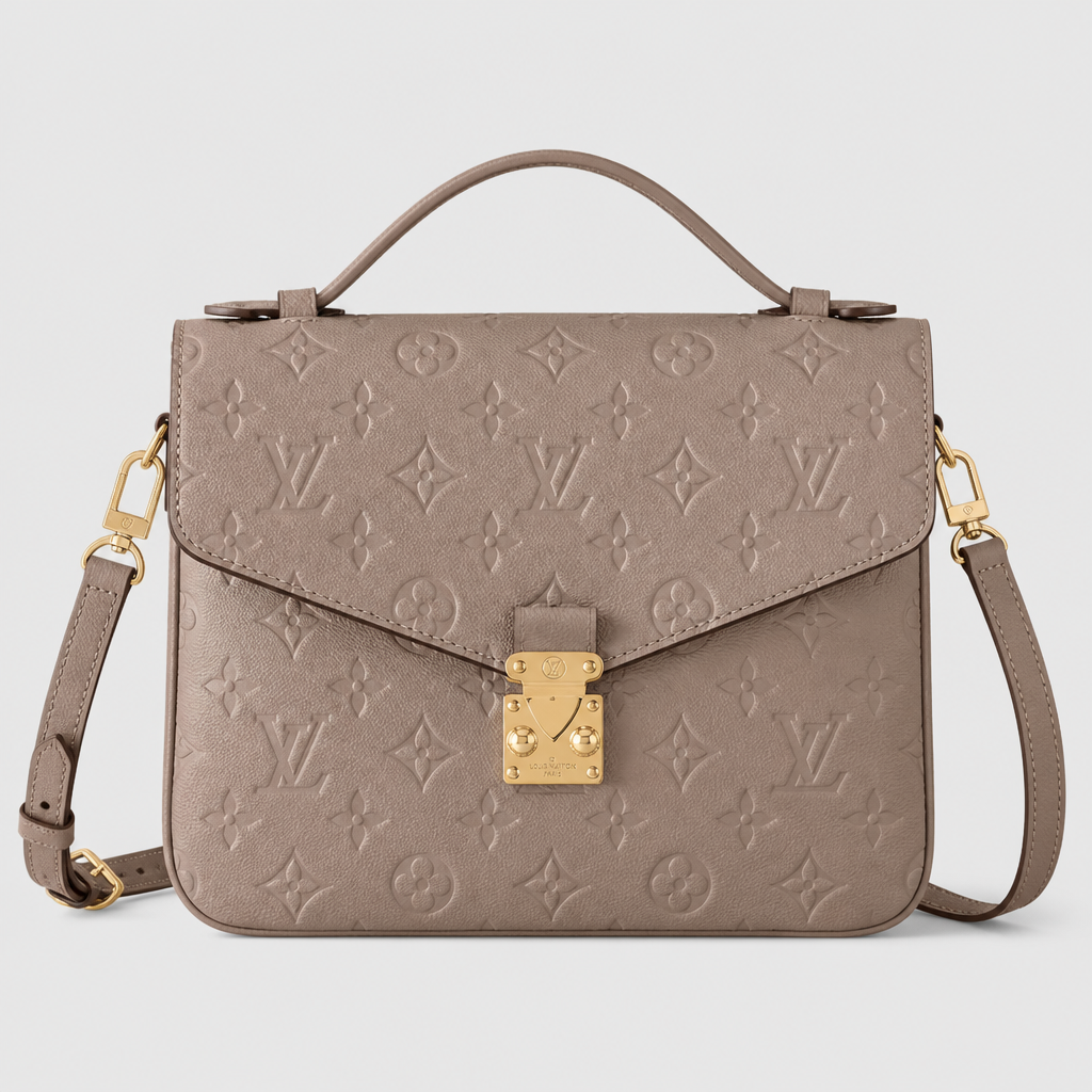 Taupe embossed, turn-lock, 2.8 in depth — front view.
