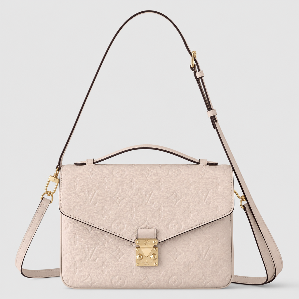 Pale blush embossed, turn-lock, 2.8 in depth — front view.