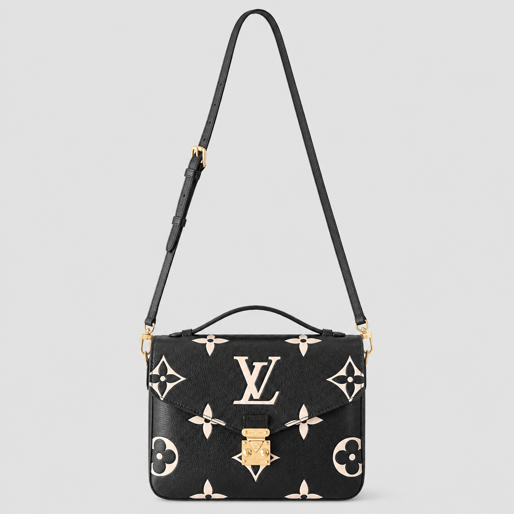 Black oversized cream motif, turn-lock, 2.8 in depth — front view.