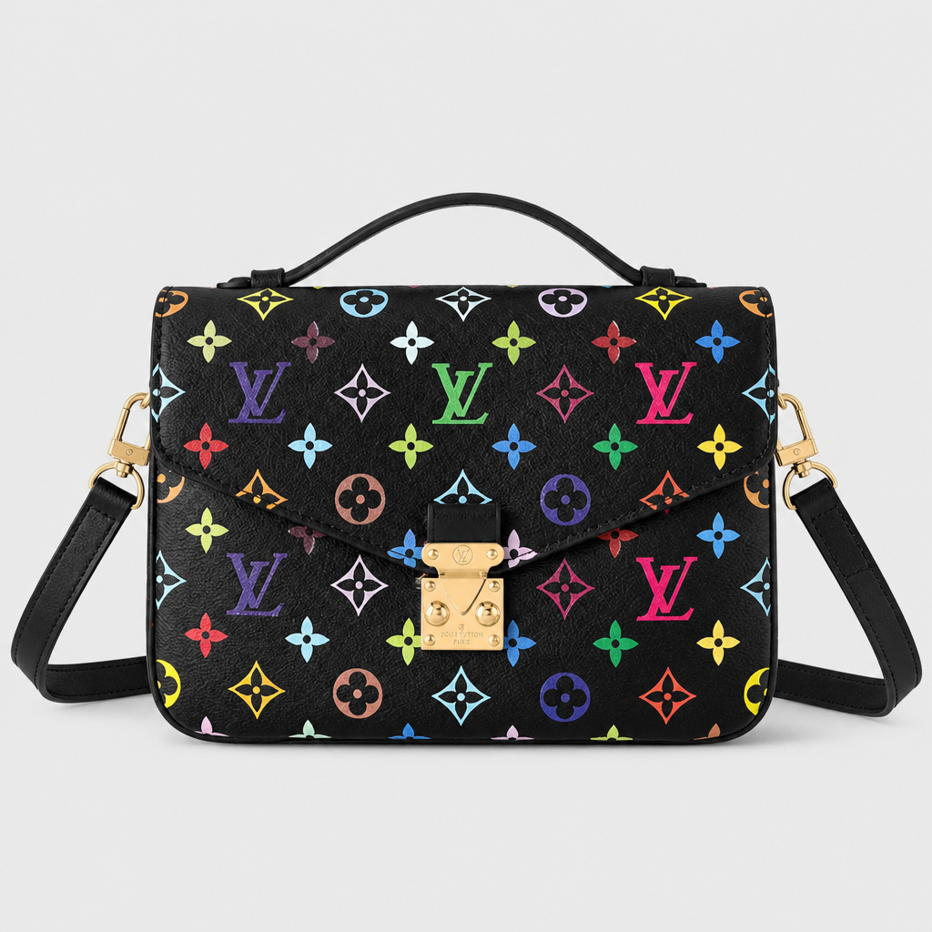 Black multicolor motif, turn-lock, 2.8 in depth — front view.