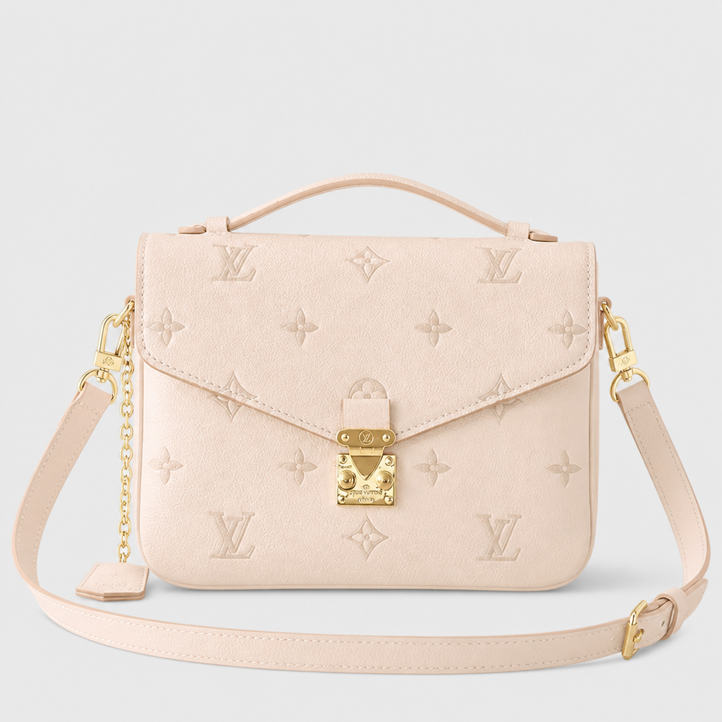 Pale beige oversized tonal motif, turn-lock, 3.5 in depth — front view.