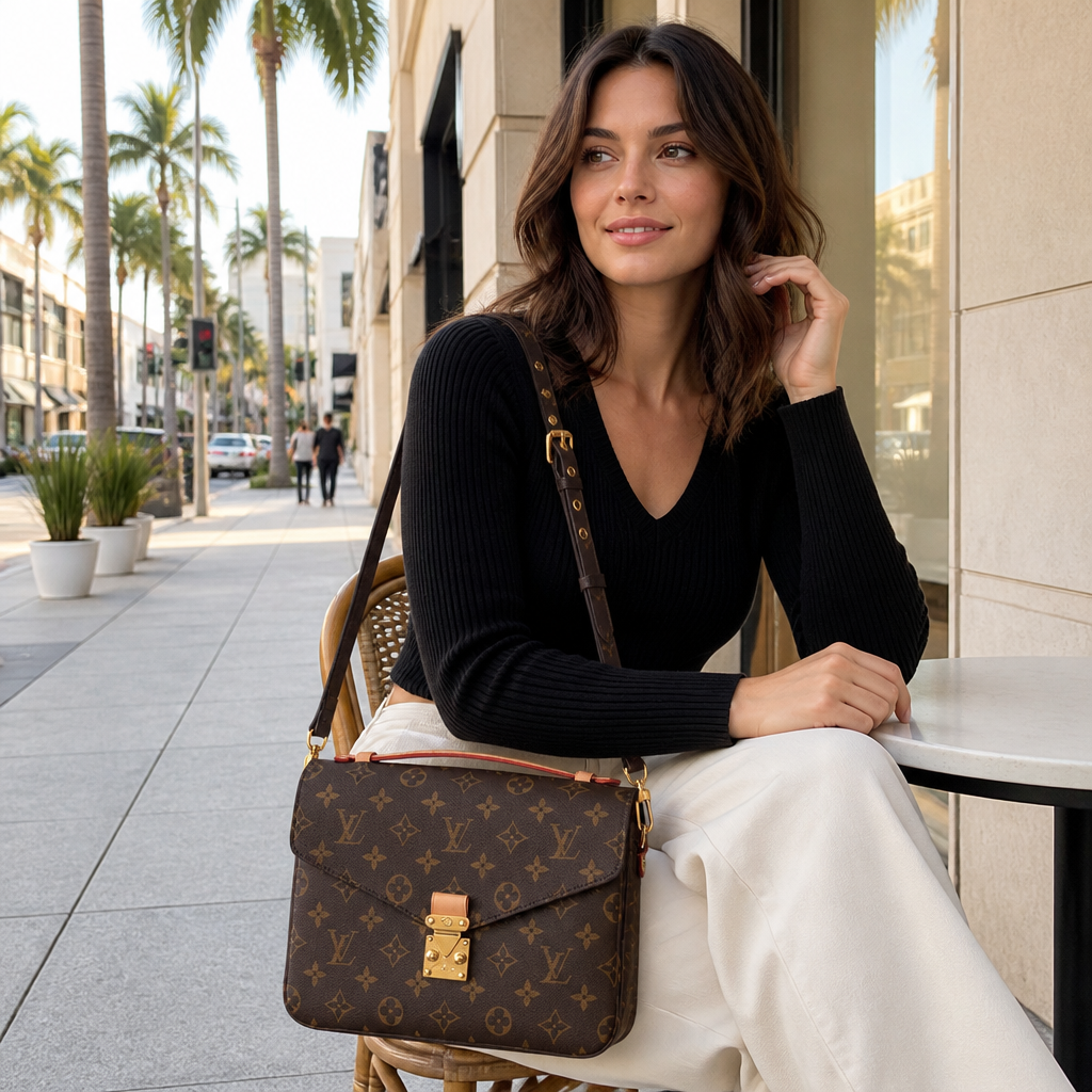 Brown monogram with red trim, center clasp, 2.8 in depth — lifestyle photo in Los Angeles.