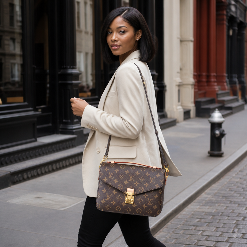 Brown monogram with red trim, center clasp, 2.8 in depth — lifestyle photo in New York City.