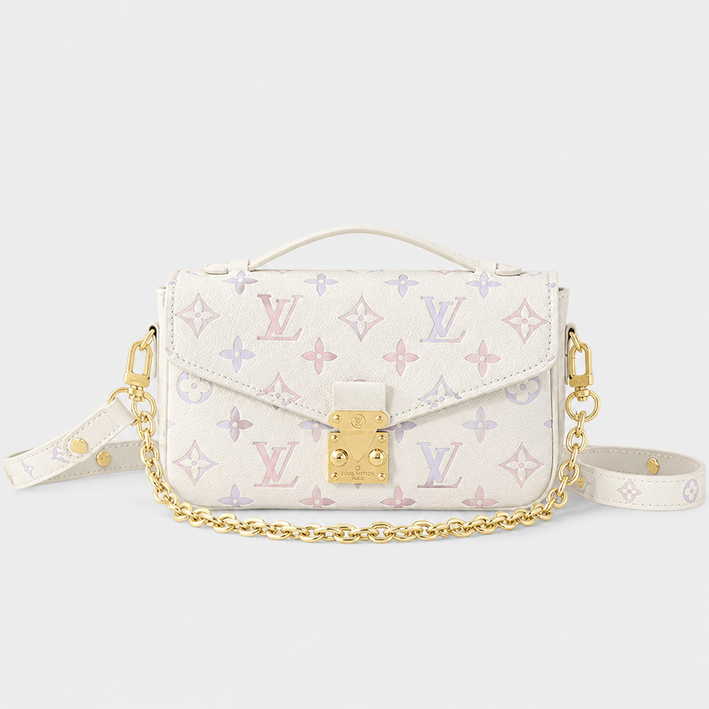 White pastel multicolor monogram — front view.