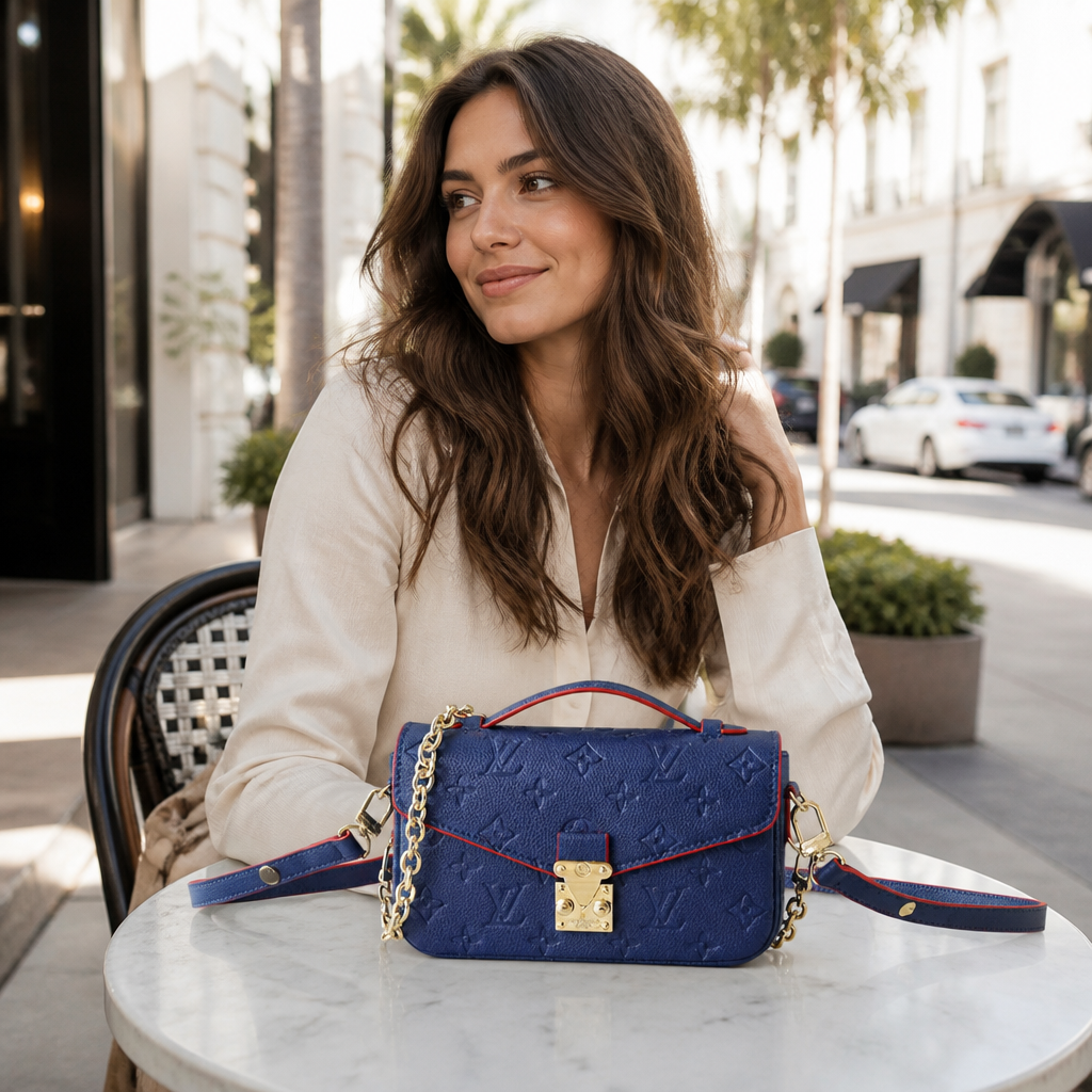 Navy embossed with red trim — lifestyle photo in Los Angeles.