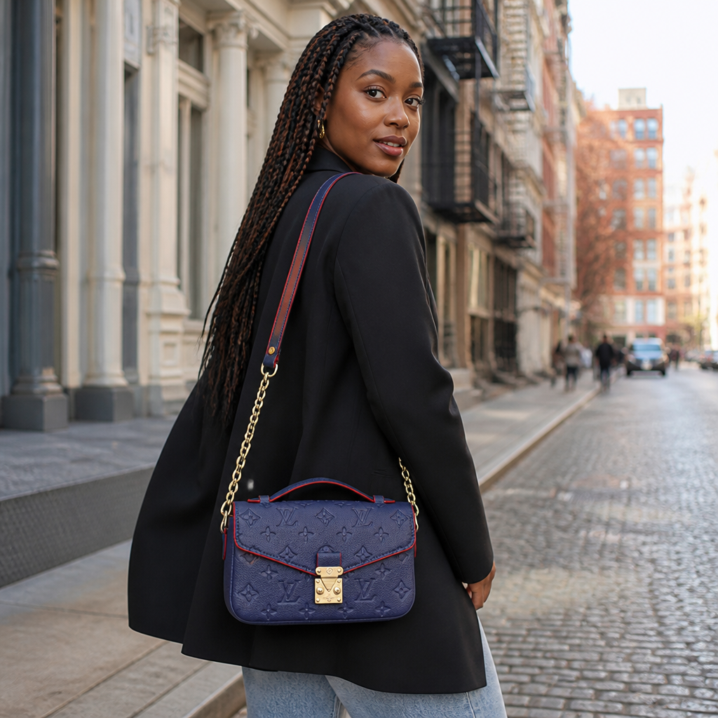 Navy embossed with red trim — lifestyle photo in New York City.