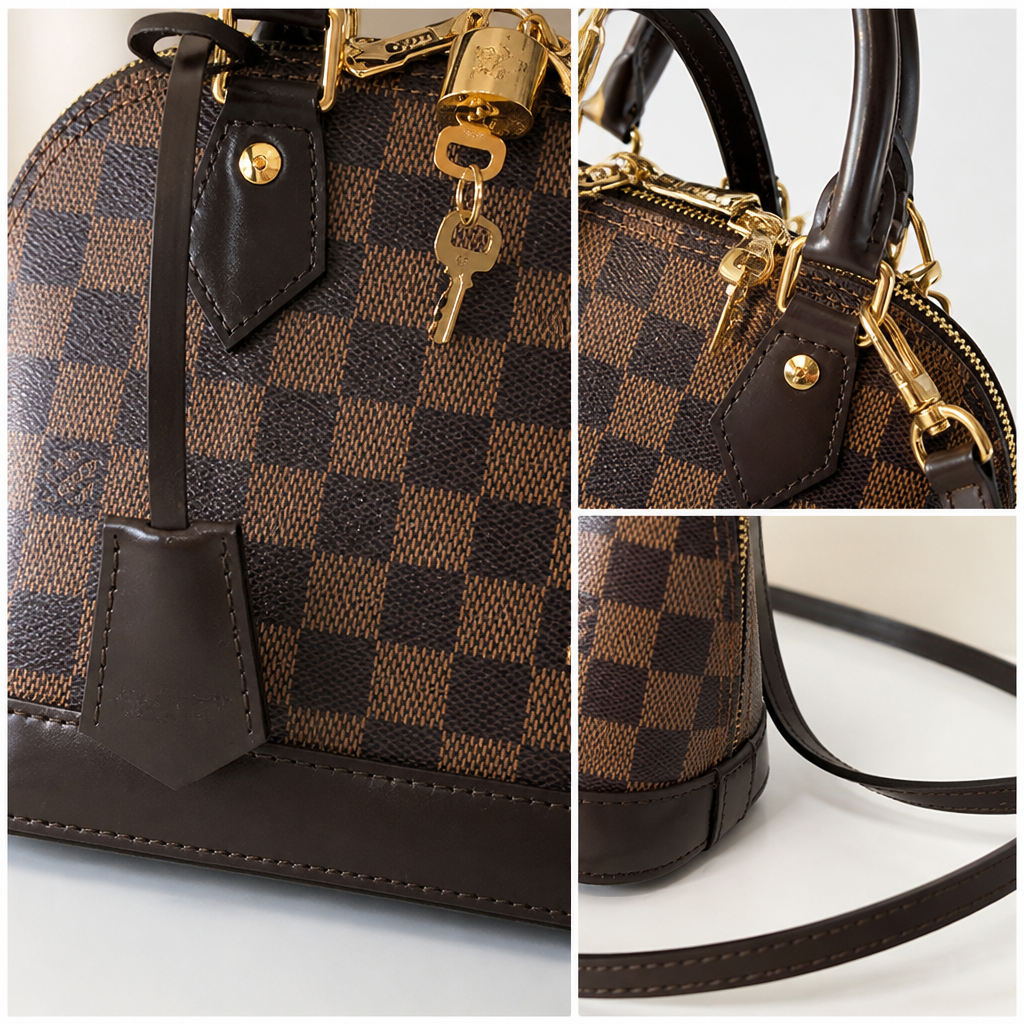 Dark brown checker — 9.8 in — close-up details of material, pattern and hardware.