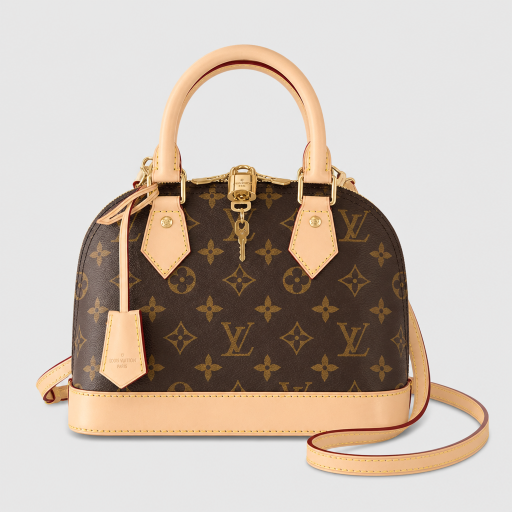 Brown monogram, tan trim — 9.8 in — front view.