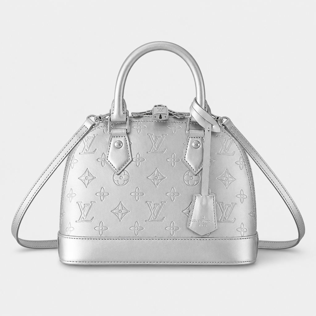 Silver-gray embossed monogram — 9.8 in — front view.