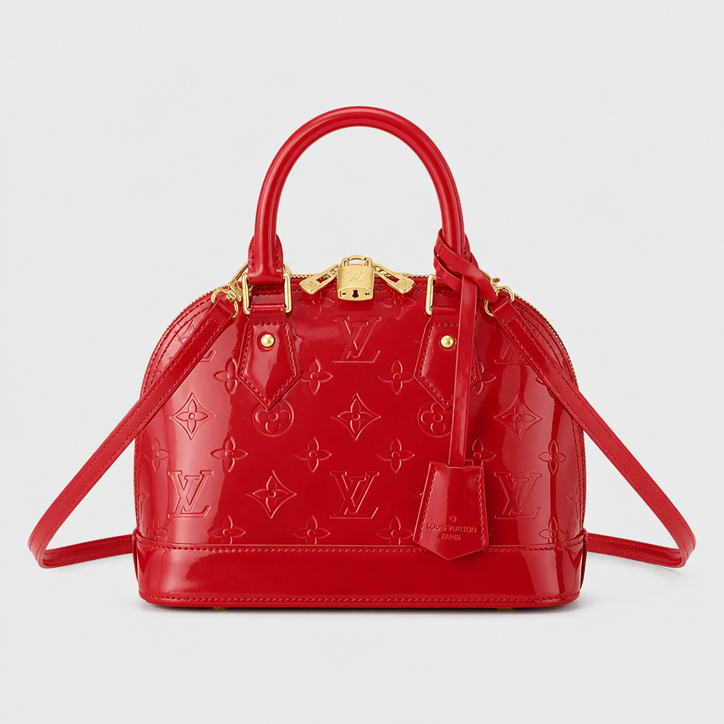 Bright red embossed monogram — 9.8 in — front view.