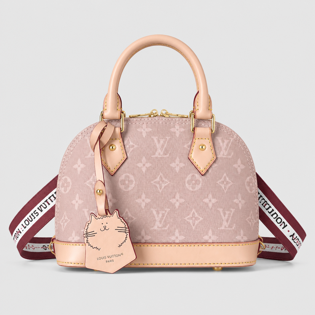 Dusty pink monogram, printed strap — 9.3 in — front view.