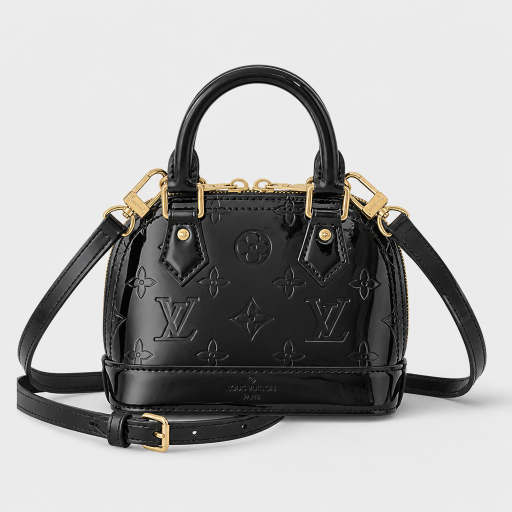 Glossy black embossed monogram — 7.1 in — front view.