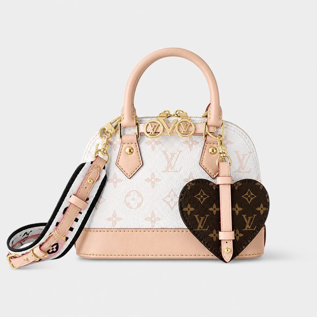 White monogram, heart pouch — 7.1 in — front view.