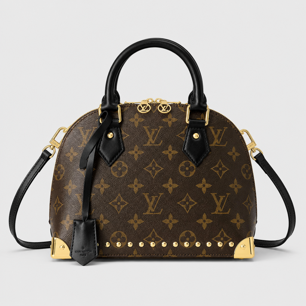 Brown monogram, dark trim — 7.1 in — front view.