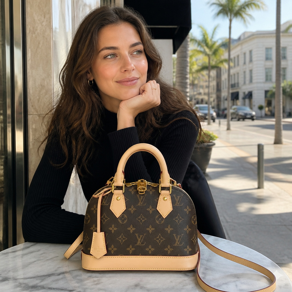 Brown monogram, tan trim — 9.8 in — lifestyle photo in Los Angeles.