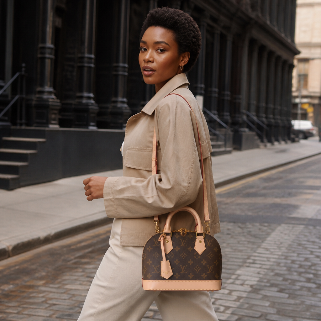 Brown monogram, tan trim — 9.8 in — lifestyle photo in New York City.
